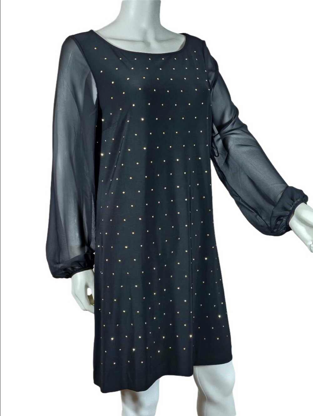 White House Black Market Sheer Long Sleeve Gold Studded Shift Cocktail Dress - Picture 3 of 15